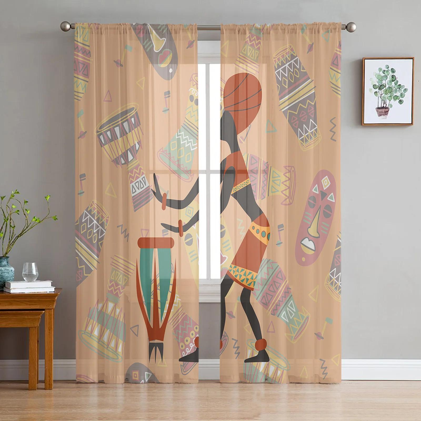 African Woman Tambourine Tulle Curtains for Living Room Bedroom Sheer Voile Drapes Modern Printed Design Sheer Curta